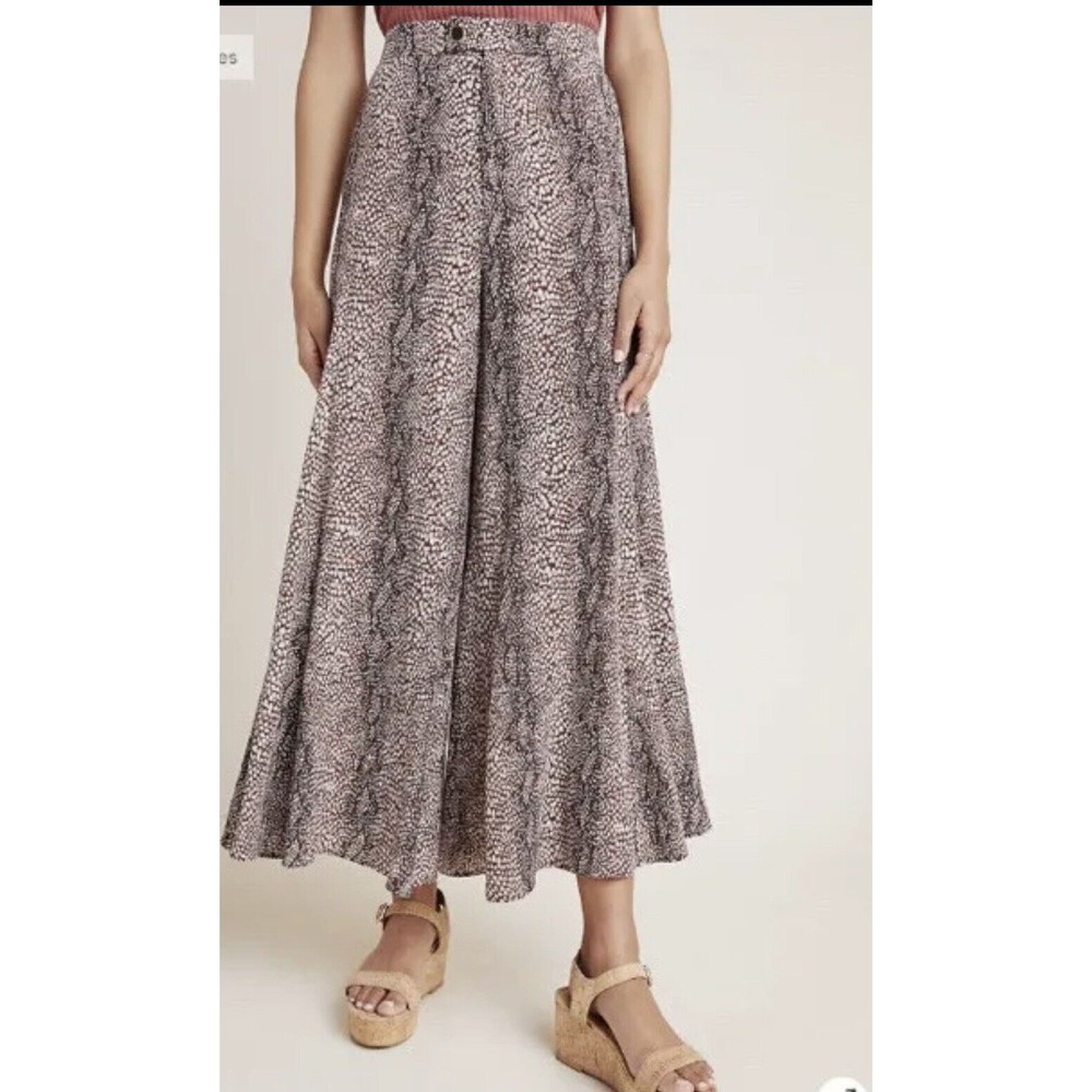 Anthropologie Pants 6 Wide Leg Snake Skin Brown Cream White Flowing Palazzo Zip